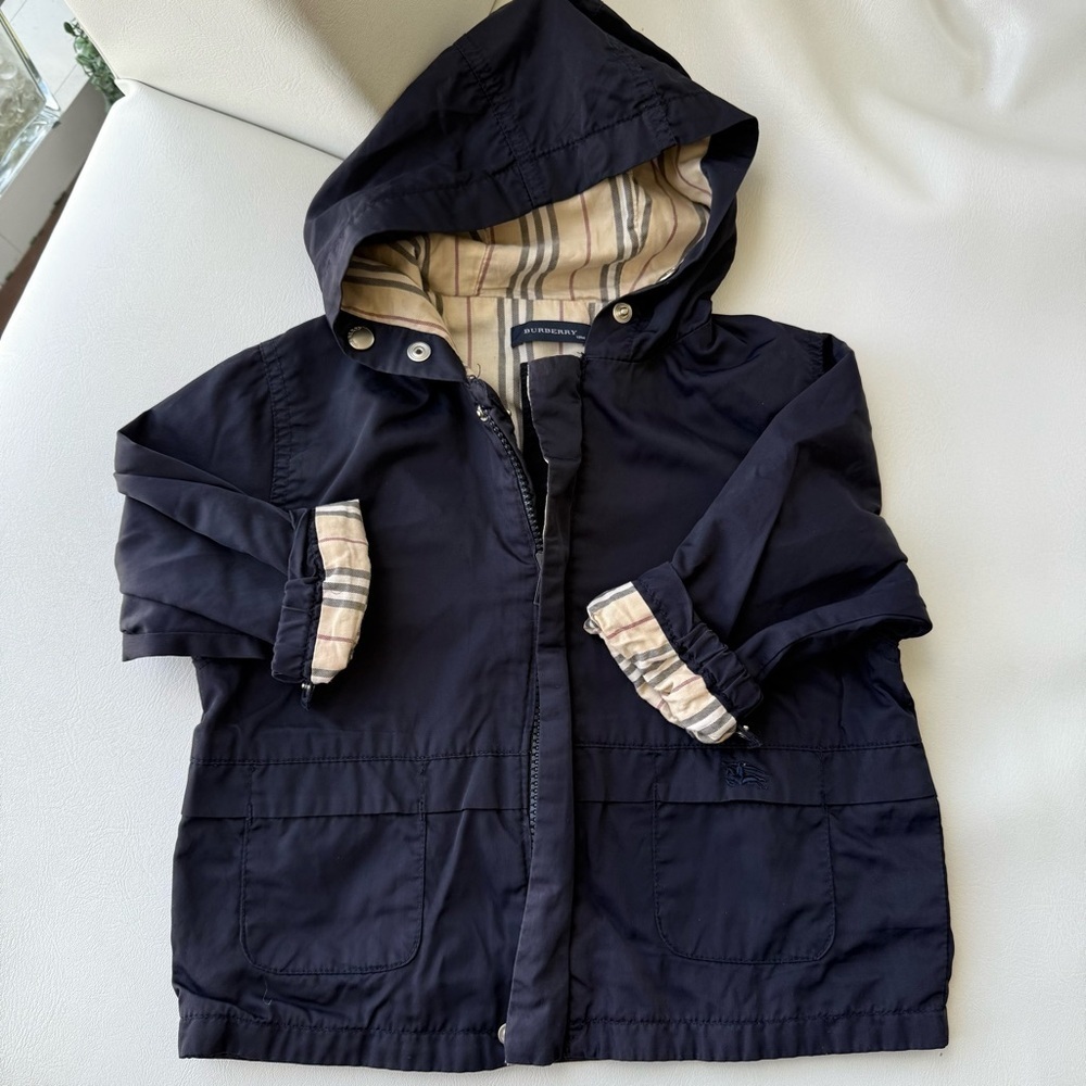 Baby kid vest jacket raincoat 9/12 months Burberry hood zip blue boys girls